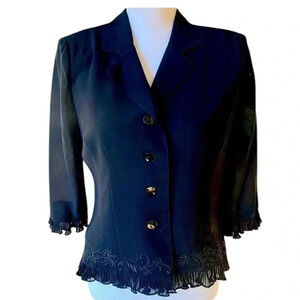 Plaza South Petite black dressy blouse 8P. Lined sheer sleeves button down.